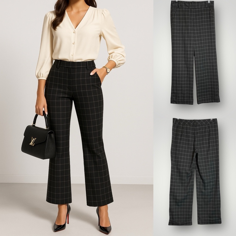 Sandro Sportswear Plaid Trouser Pants Size 8 Cuffed Leg Pockets Stretch